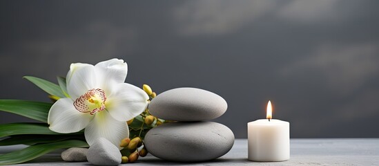 A serene setting with spa stones a burning candle and flowers arranged on a grey background ideal for a copy space image