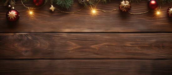 An old wooden background features a vintage Christmas decoration with copy space image