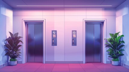 An empty modern building corridor with closed doors and steel lift gates, with metal elevator doors and steel lift gates, realistic illustration for offices, hospitals, hotels, and houses.