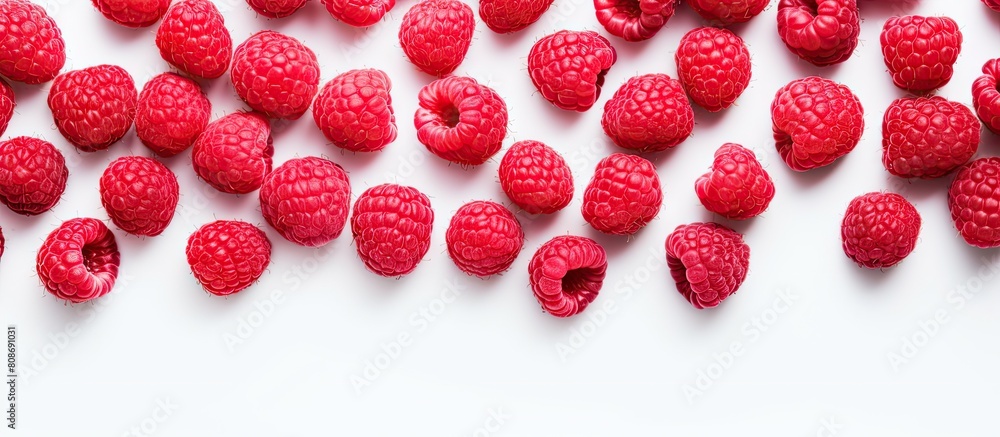 Poster top view of raspberries arranged in a flat lay pattern on a white background providing ample copy sp