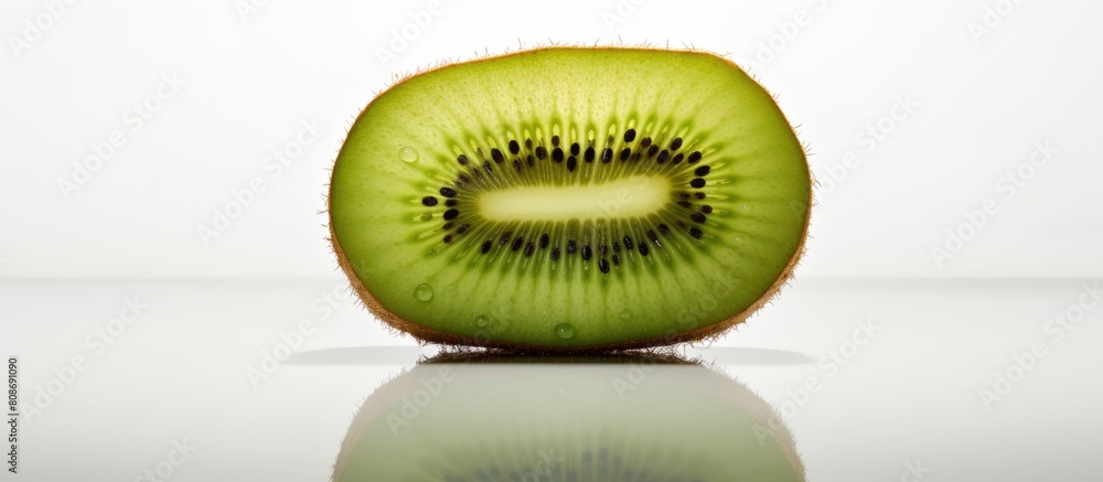 Poster a single kiwi fruit slice presented on a clear white backdrop with ample room for additional imagery