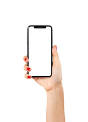 Hand holding smartphone with mockup of blank screen, isolated on white background.