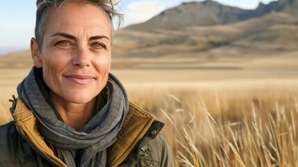 Smiling mature woman with short gray hair, autumn field portrait