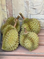 durian fruit.  Durian fruits for sale in a market in Thailand