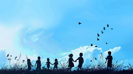 international children day background, kids silhouette in sunset and blue sky