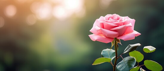 A stunning pink rose blossoms gracefully in a serene garden with plenty of copy space image available
