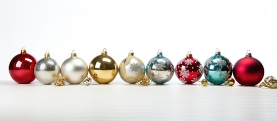 Various holiday ornaments showcased on a clean white background creating a visually appealing copy space image