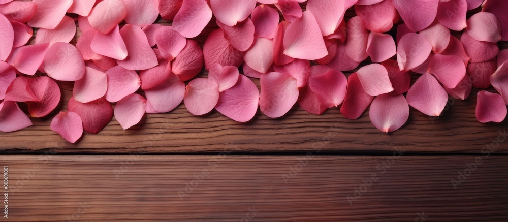 Poster the wooden background is covered with rose petals and leaf paper creating a visually pleasing copy s