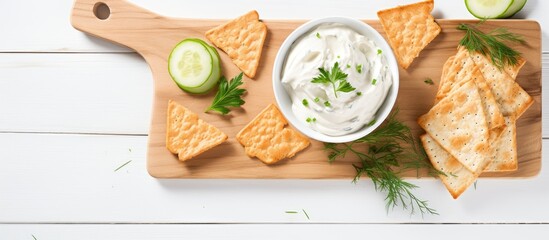 A fresh and light summer appetizer made with diet crisps bread fish preserves green onion and cream cheese beautifully presented on a white wood board in a flat lay style allowing for copy space in t