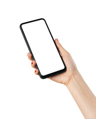 Hand holding smartphone with mockup of blank screen, isolated on white background.