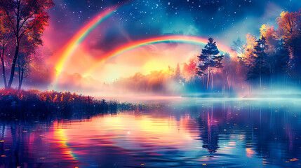 Fototapeta premium Dreamy Starry Night, Tranquil Lake with Reflection of Moon and Stars, Mysterious Forest Silhouette at Twilight