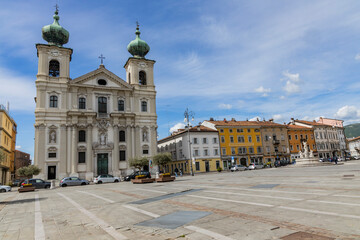 City of Gorizia, Piazza della Vittoria with the Church of Sant'Ignazio and the fountain. The...