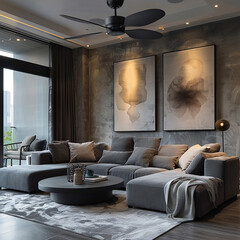 Scandinavian interior design modern living room with fan lamp on the ceiling with gray sofa	