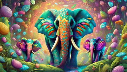 Fototapeta premium oil painting style cartoon illustration pattern of multicolored elephant heads