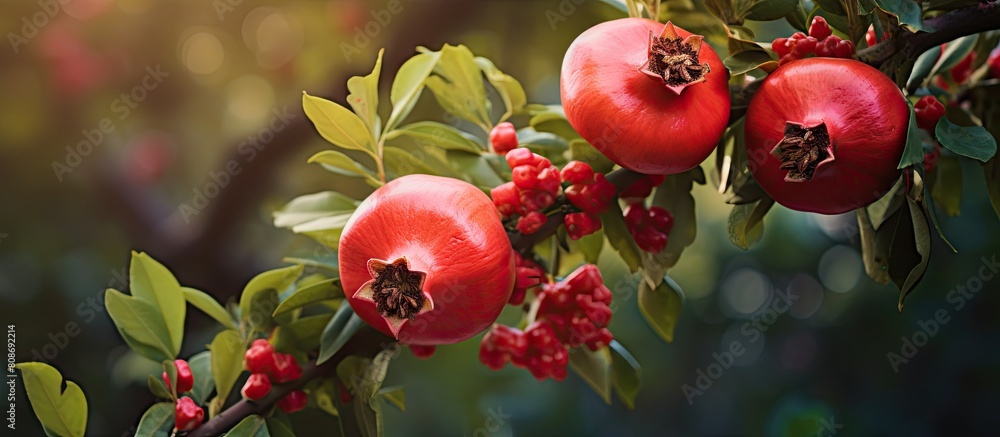 Poster close up of a blooming pomegranate tree branch with copy space image