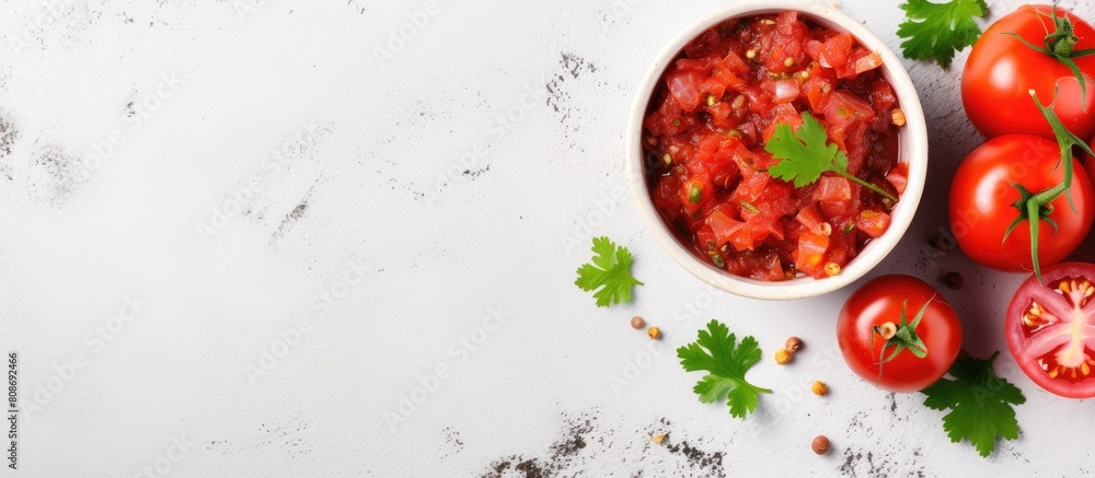 Poster the top view of a bowl containing tomato salsa is displayed on a white stone background providing am