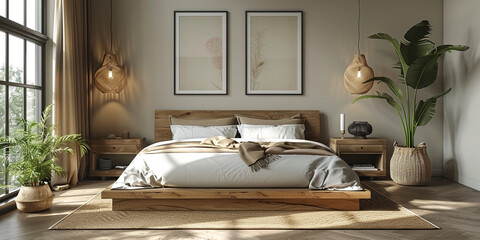 Scandinavian interior design of modern bedroom. Natural wood bed and bedside cabinets against wall with two poster frames