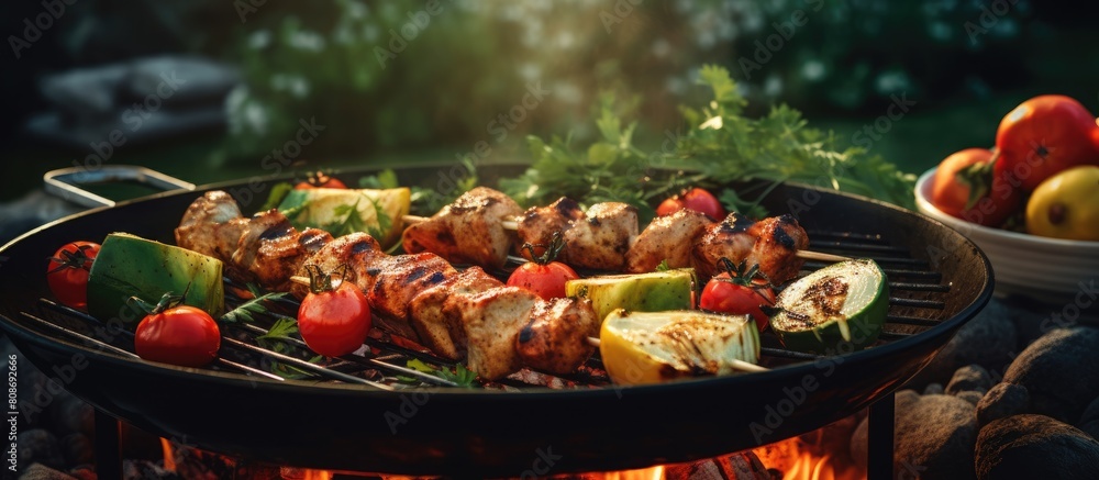 Poster In the summer garden chicken meat sizzles on the grill and skewers over an iron box filled with coals forming a captivating copy space image