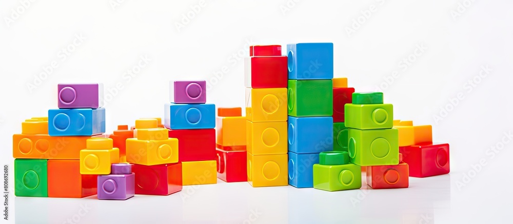 Poster colorful plastic toy blocks for toddlers encouraging creativity and intelligence isolated on a white