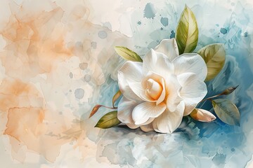 In the soft washes of watercolor, the Gardenia flower blooms with timeless allure, its flawless petals and intricate details evoking a sense of tranquility and serenity.