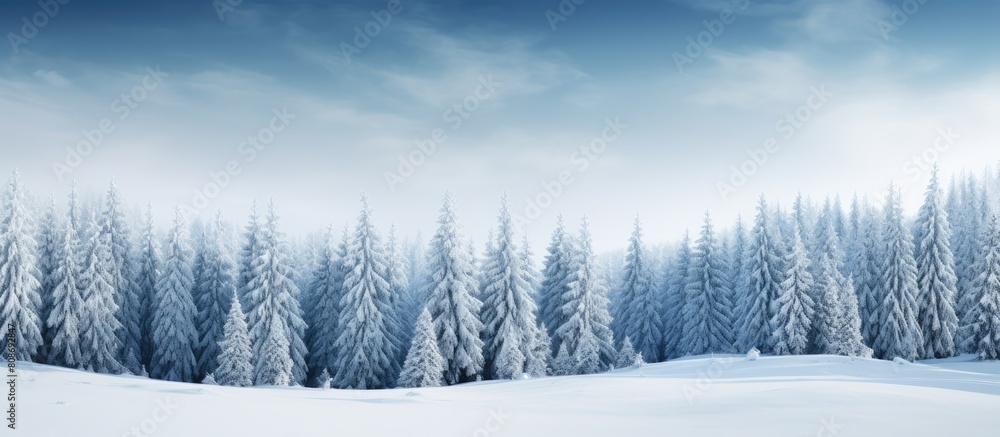 Poster a winter landscape of a forest with evergreen pine trees covered in snow providing a picturesque vie