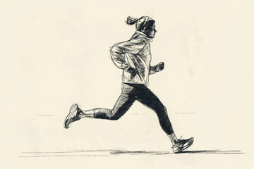 Dynamic black and white ink sketch of an athletic runner in motion, showcasing the healthy and active lifestyle of exercising and jogging as a form of fitness training and endurance