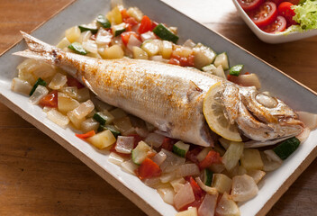 baked sea bream fish with vegetables