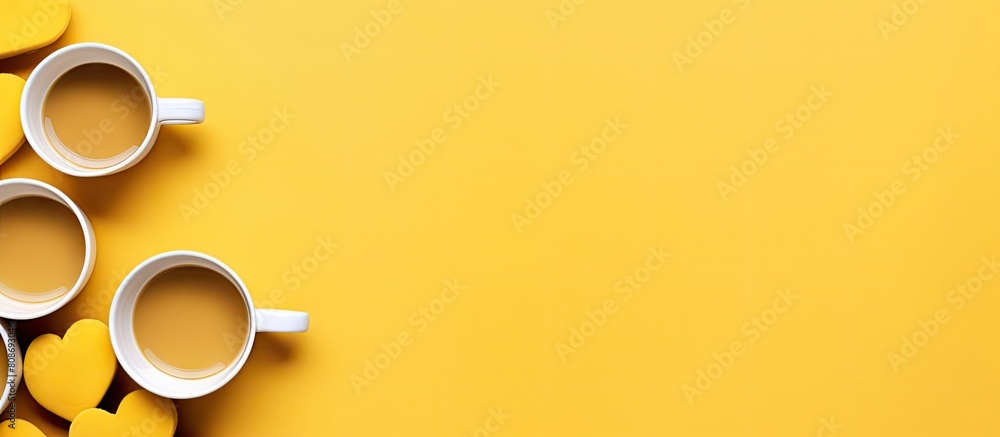 Poster view a flat lay of heart shaped coffee cups on a yellow background with a copy space image