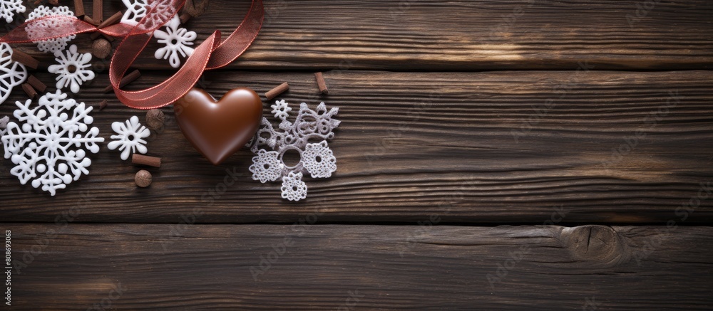 Poster the image showcases a beautiful arrangement of chocolate on a rustic wooden table adorned with chris