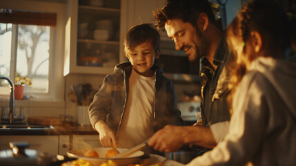 Celebrate Father's Day with a heartwarming image of a father and son bonding together while cooking a meal in the kitchen.