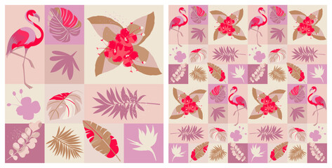 Seamless geometric pattern with tropical plants. Template postcard, poster, covers.