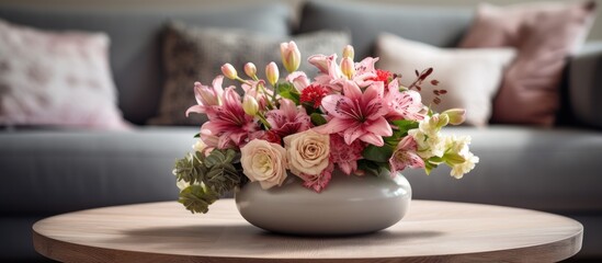 Indoor setup with a vase of beautiful flowers on a wooden coffee table near a grey sofa offering a copy space image