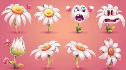 This is a cute cartoon set of cute chamomile emoji with different emotions isolated on pink background. You will find happy, smiling, sad, unhappy, scared, surprised faces on this cute white flower