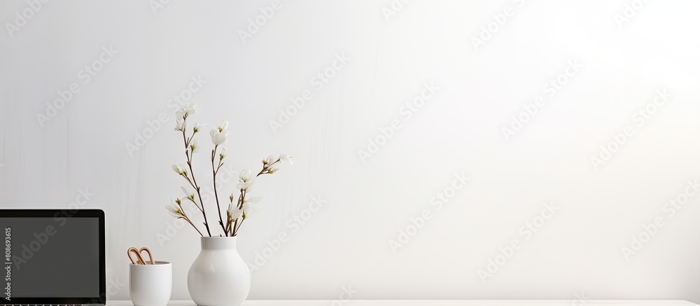 Aufkleber the white table features a minimalist workspace with an open laptop a vase and ample copy space agai