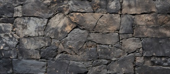 Fototapeta premium Copy space image of a closeup rough basalt texture on an old medieval stone road creating a brown natural backdrop with intricate patterns from the stone fragments of the historical floor covering