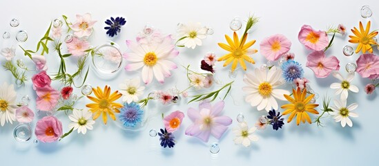 A summery concept featuring flowers placed in water against a white background This top down view highlights a minimalistic aesthetic The square layout leaves space for additional text or imagery