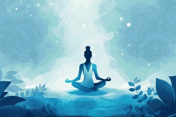 Digital art illustration of serene yoga practice for relaxation, mindfulness, and inner peace in a tranquil blue lotus position, inspired by nature and spiritual harmony