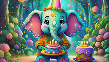 Fototapeta premium oil painting style cartoon character Multicolored happy baby elephant with birthday cake, 