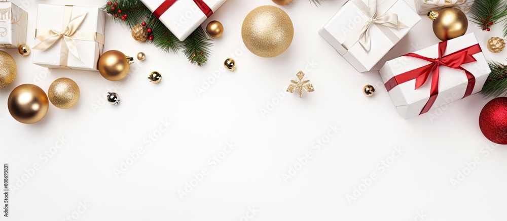 Poster top view of a white background christmas and happy new year card featuring a frame made of gift boxe