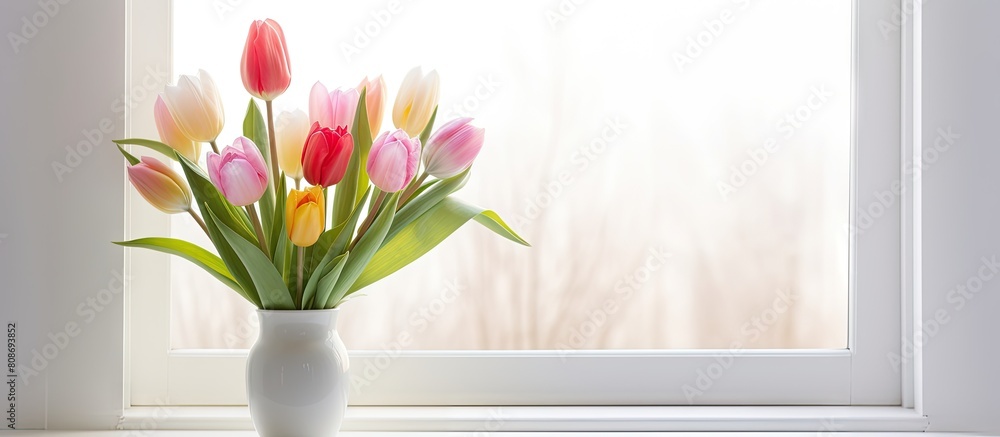 Poster a stunning arrangement of tulips is displayed in a vase on a white windowsill creating a captivating