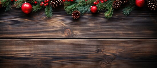 An old wooden background featuring evergreen fir twigs adorned with vibrant red baubles and pine...