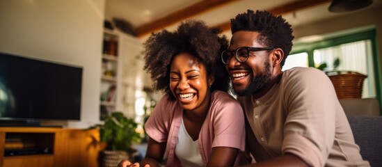 During quarantine a happy black couple engages in friendly competition while playing video games They are holding joysticks laughing and enjoying their time together at home A copy space image - Powered by Adobe