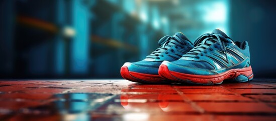 Image of sport shoes on the floor with empty space for text or graphics. Copy space image. Place for adding text and design - Powered by Adobe