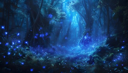 Naklejka premium Mystical Forest with Blue Glowing Lights
