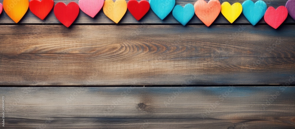 Poster valentine concept with colorful hearts displayed on a copy space image of an old wooden background