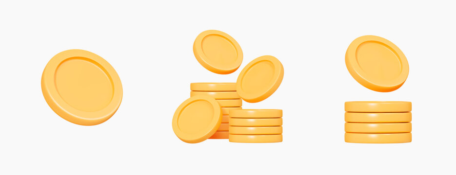 3D Set of Gold Coin icons. Stack of money. Finance, investment and savings concept. Game elements. Golden penny cash pile. Treasure heap. Cartoon creative design objects. 3D Vector illustration