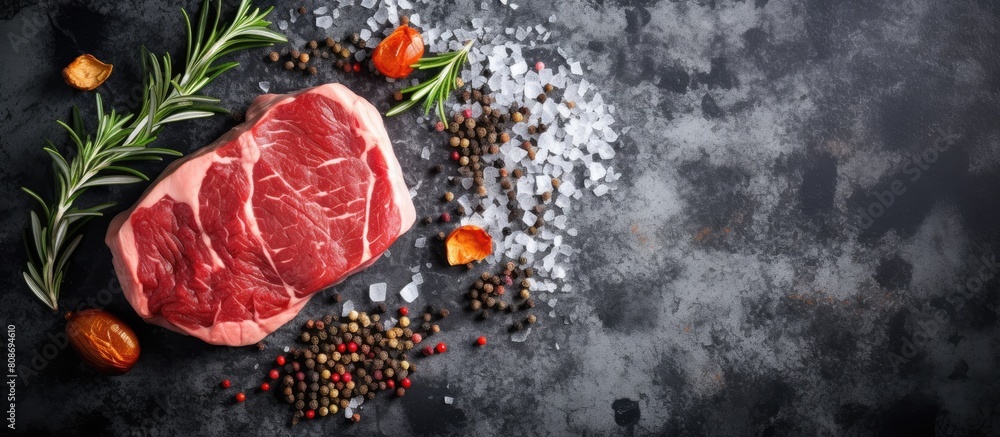 Poster Top view of a raw marbled meat steak Filet Mignon with seasonings placed on a stone background creating a visually appealing copy space image