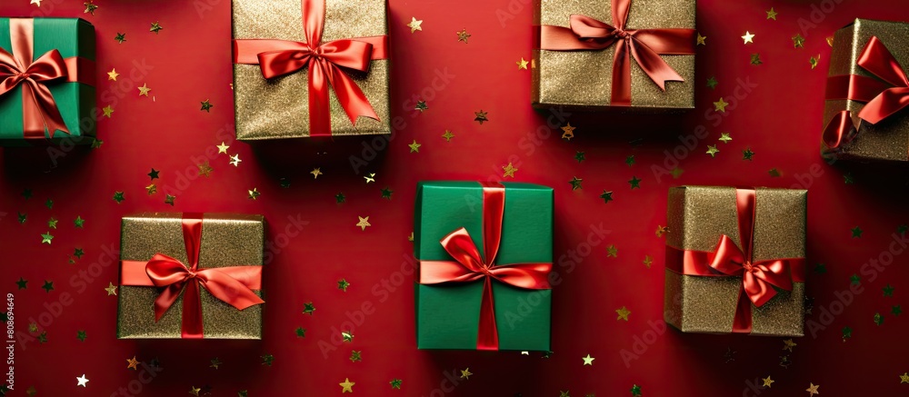 Poster a top view photograph captures the festive scene of gifts wrapped in craft paper adorned with green 