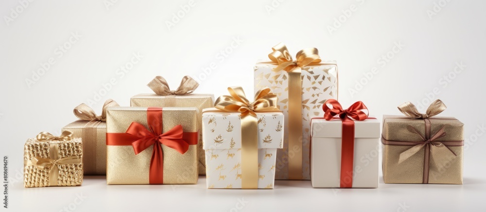Poster christmas themed gift boxes with bows arranged neatly on a clean white background creating a copy sp