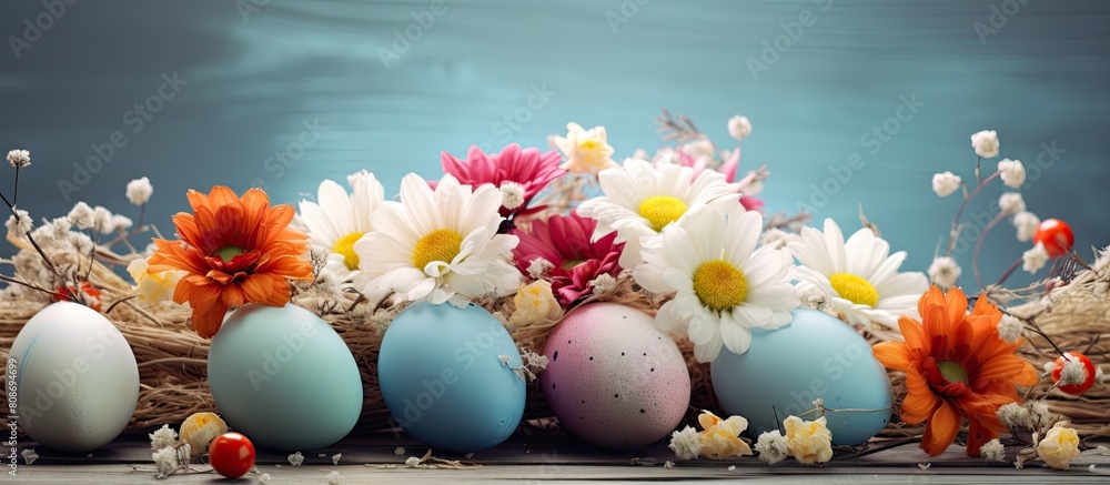 Poster easter themed greeting card with colorful eggs and flowers for a festive composition bright and chee